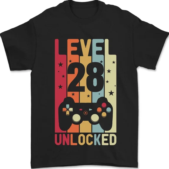 28th Birthday Level Up Gamer Fun Celebration Unisex T-Shirt, up to size 5XL