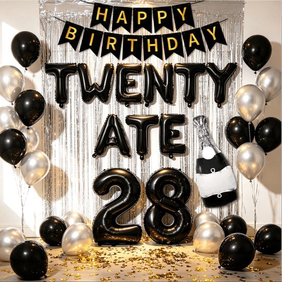 28th Birthday Party Balloon Decoration Set - TwentyAte Black and Silver Theme Celebration Decoration