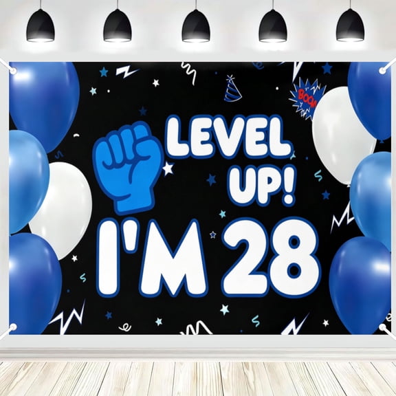 28th Birthday Polyester Backdrop, Black Blue Gaming Style Party Photo Booth Background Banner for Indoor Use 16x24in