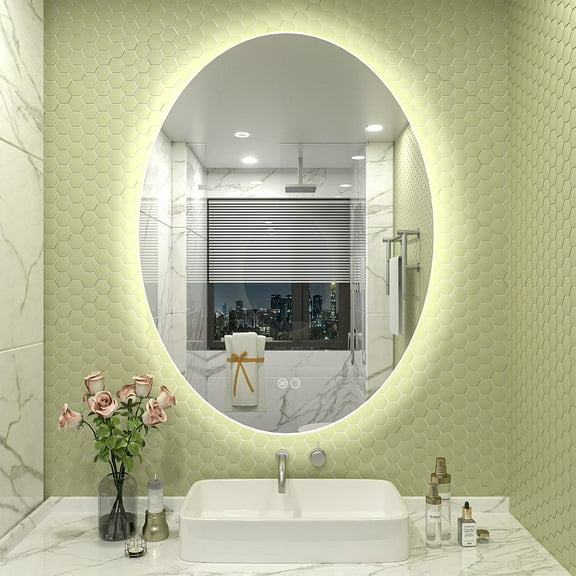 Apmir 28x20 Oval LED Wall Mirror with Backlit, Frameless Anti Fog LED Bathroom Vanity Mirror,Dimmable 3 Colors, Memory Function