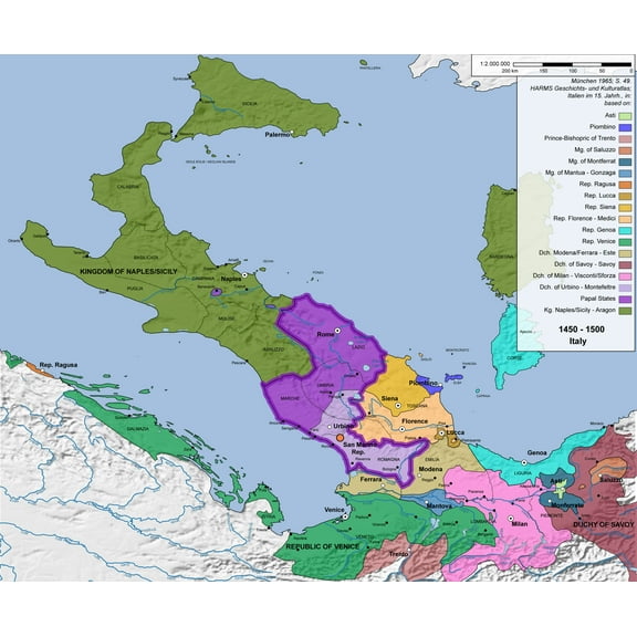 28x24in Rolled Canvas Upside Down Political map of Italy 1450-1500