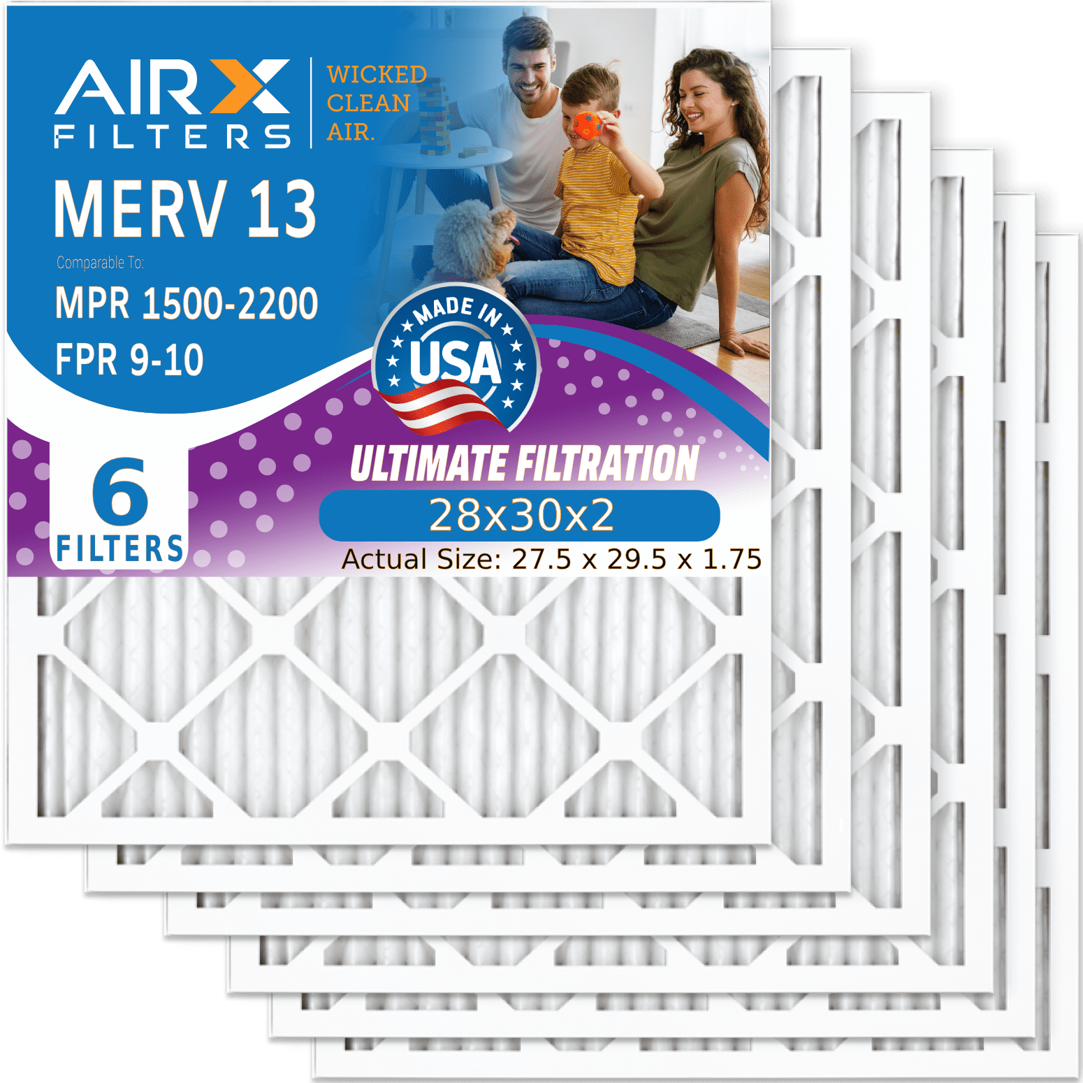 28x30x2 Air Filter MERV 13 Comparable to MPR 1500 - 2200 & FPR 9 Electrostatic Pleated Air Conditioner Filter 6 Pack HVAC AC Premium USA Made 28x30x2 Furnace Filters by AIRX FILTERS WICKED CLEAN AIR.