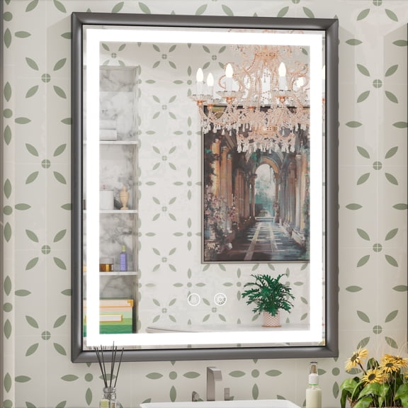 JSneijder 28x36 inch LED Bathroom Mirror with Lights, Black Lighted Bathroom Vanity Mirror, Wall Mounted, Dimmable, Anti-Fog