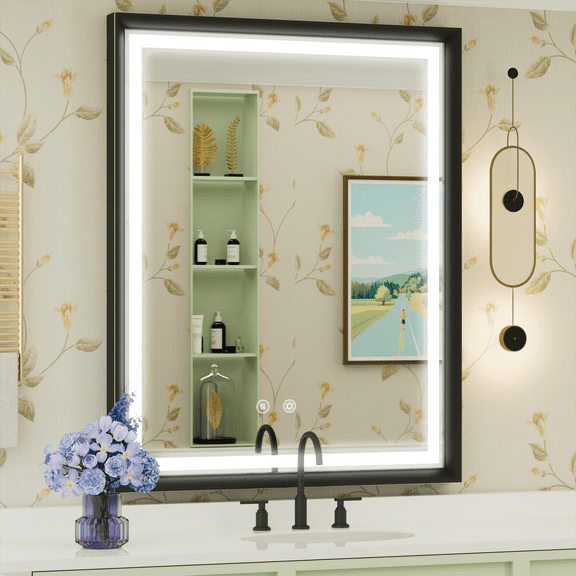 JSneijder 28x36 inch LED Bathroom Mirror with Lights, Black Lighted Bathroom Vanity Mirror, Wall Mounted, Dimmable, Anti-Fog