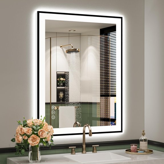 28x36 Inch LED Bathroom Mirror with Lights (Front Lit and Backlit) Black Framed Lighted Vanity Mirror for Bathroom Wall Dimmable Anti-Fog Memory Tempered Glass Horizontal/Vertical