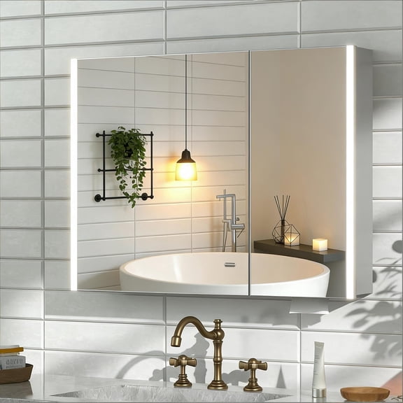 28x36 Inch Silver Pre-Assembled Lighted Medicine Cabinet with Mirror, Surface or Recessed Mount, Large Bathroom Storage
