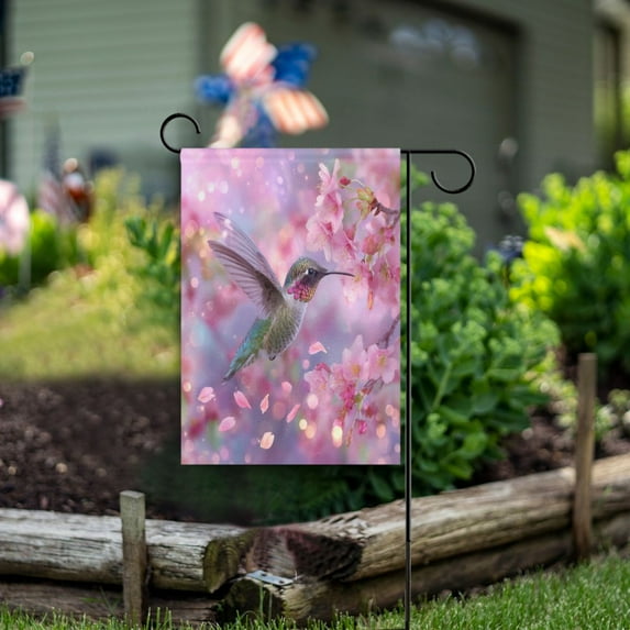 28x40 inch Double-Sided Garden Flags Banners Vibrant Outdoor Decor for House Patio Outdoor Beautiful Pink Hummingbird