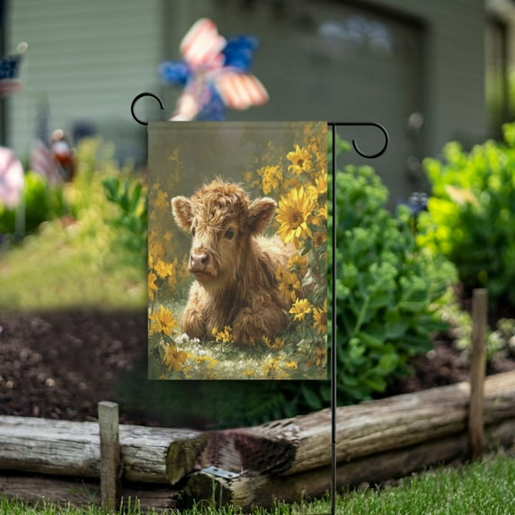 28x40 inch Double-Sided Garden Flags Banners Vibrant Outdoor Decor for House Patio Outdoor Cow Lying in Sunflowers