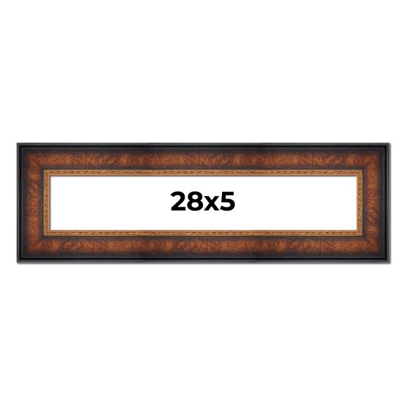 28x5 Frame Brown Walnut Gold Ornate Trim Solid Wood Plein Air Picture Frame | 3 Inch Moulding Width
