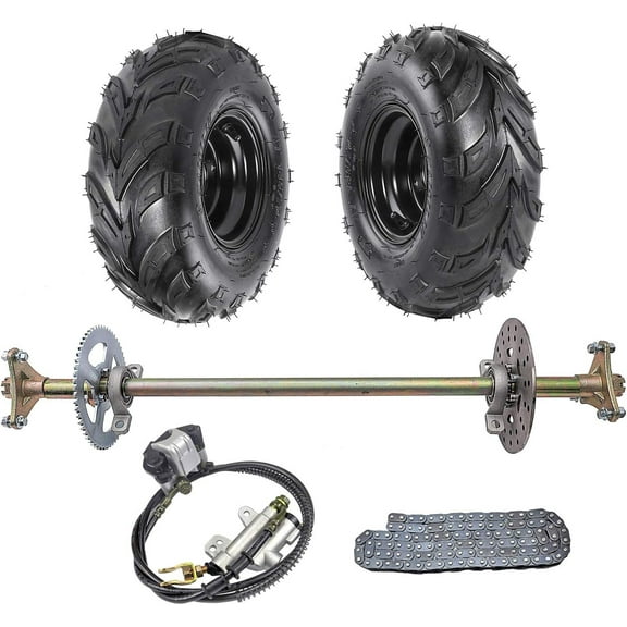 29 1/8in 740mm Rear Axle Shaft Complete Kit & Wheel Hub & Brake Assembly with 2pcs 145/70-6 Tires Wheels with Rim for ATV Go-Kart Mini Bike Lawn Mower Trikes Drift Bikes