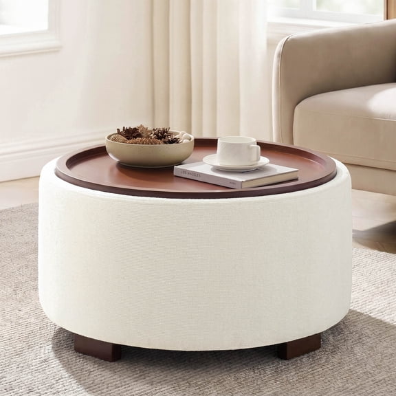 29.1 Inch Round Boucle Storage Ottoman Coffee Table with Removable Lid Top for Living Room, Beige