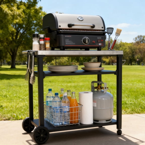 29.1''W x 29.9'' D Indoor/OutdoorGrilling&BarCart with Tool Hooks and Wheels
