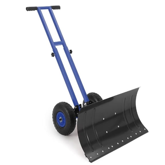 29×14-IN Heavy Duty Rolling Snow Shovel with Wheels, 5-Position Angle and Height Adjustable Double Armrests Snow Pusher (Blue + Black)
