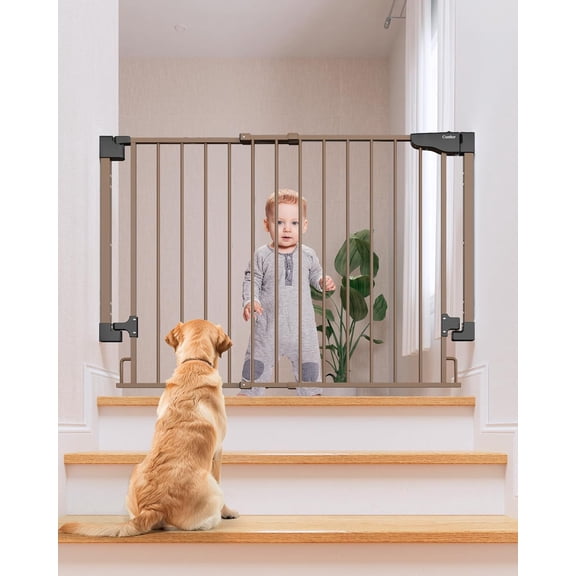 29.2–43" Baby Gate for Stairs, Wall-Mounted (Drill Required), Expandable No Bottom Bar Dog Gate, Auto Close Extra Wide Walk Thru, Pet & Toddler Proof Gate, Top & Bottom of Stairways (Brown)