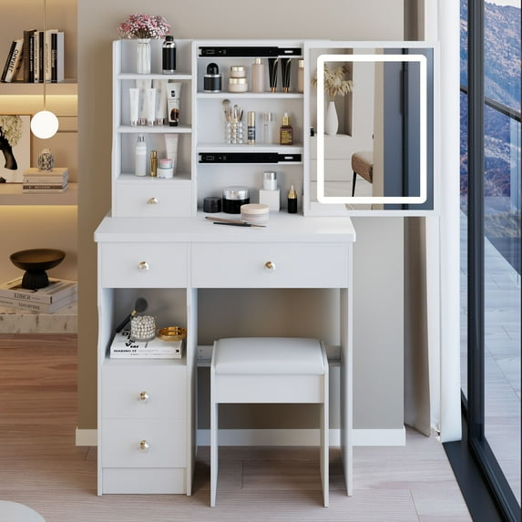 29.2 " MDF Left Drawer Desktop Vanity Table With Cushioned Stool And Adjustable Brightness LED Mirror