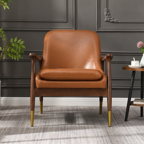29.2'' Mid-Century Faux Leather Accent Chair with Cushioned Seat, Solid Wood Frame, and Brass-Tipped Legs,Brown