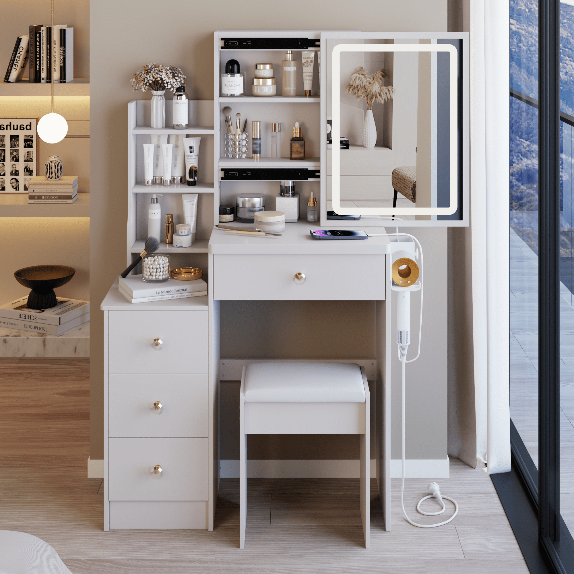 29.2" Small Size Left Bedside Cabinet Vanity Table + Cushioned Stool, 2 AC+2 USB Power Station, Hair dryer bracket, Extra Large Touch Control Sliding LED Mirror