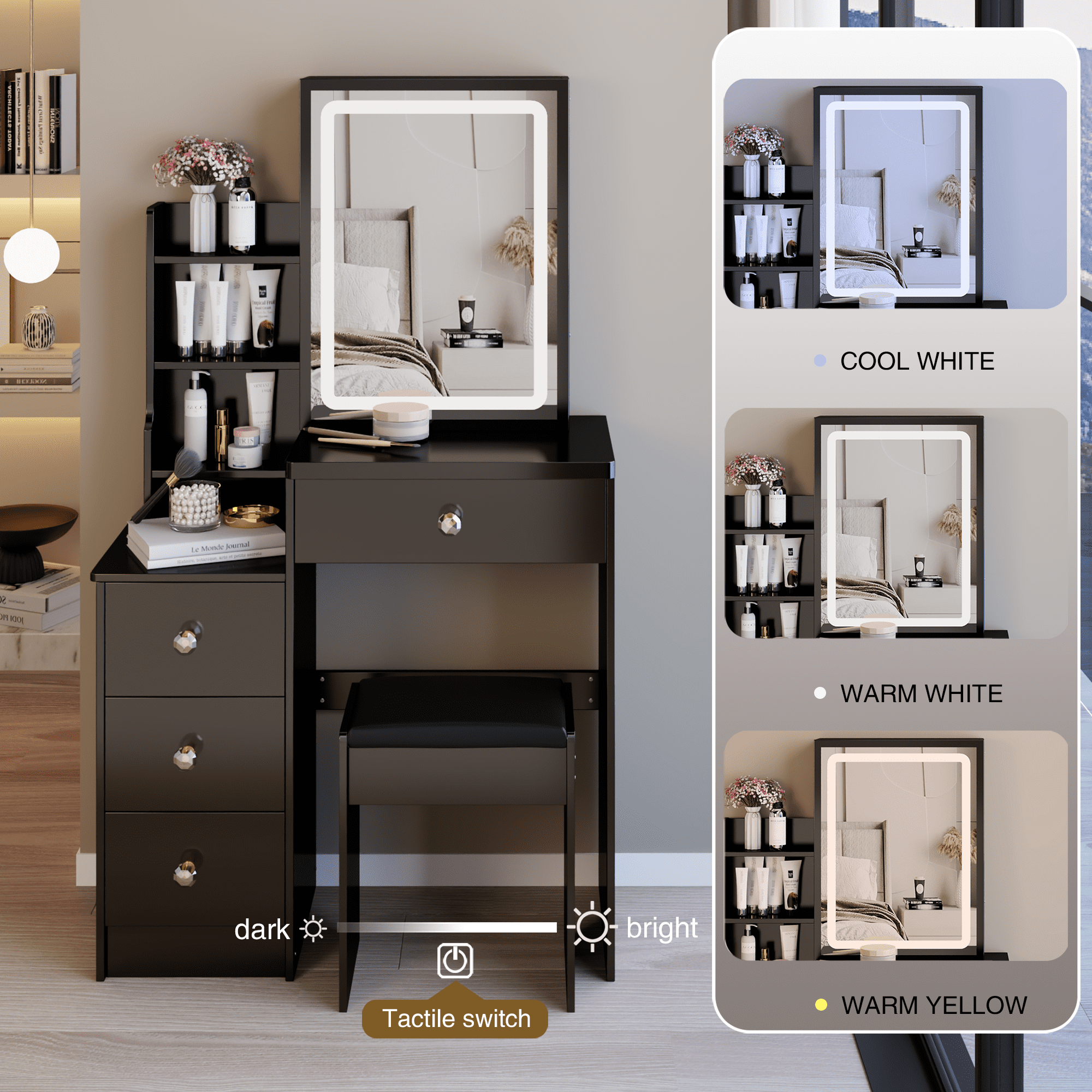 29.2" Small Size Left Bedside Cabinet Vanity Table + Cushioned Stool, Large Sliding, Touch Control, Tri-color Switching, Brightness Adjust LED Mirror, High Capacity Storage