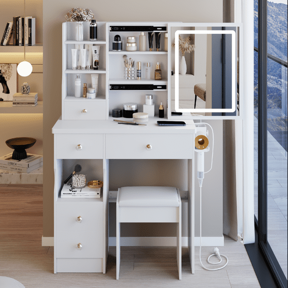 29.2" Small Size Left Drawer Desktop Vanity Table with Cushioned Stool, LED Mirror Makeup Vanity Table with 2 AC+2 USB Power Station and Hair Dryer Bracket, Tri-Color Switching Adjust, White