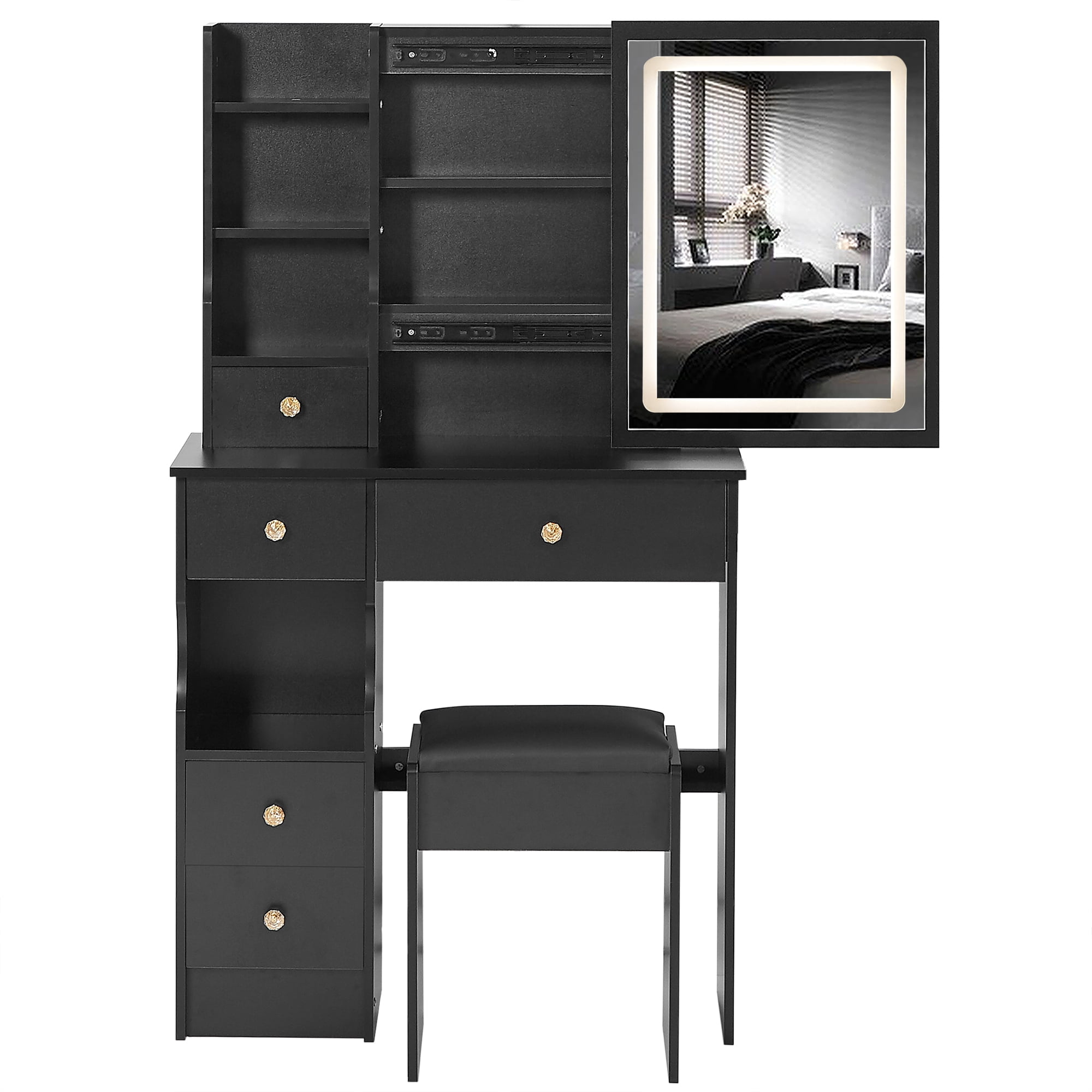 Crazy Elf Stylish Vanity Table with Cushioned Stool - Touch Control Led Mirror, 5 Drawers, Adjustable Length (L31.5