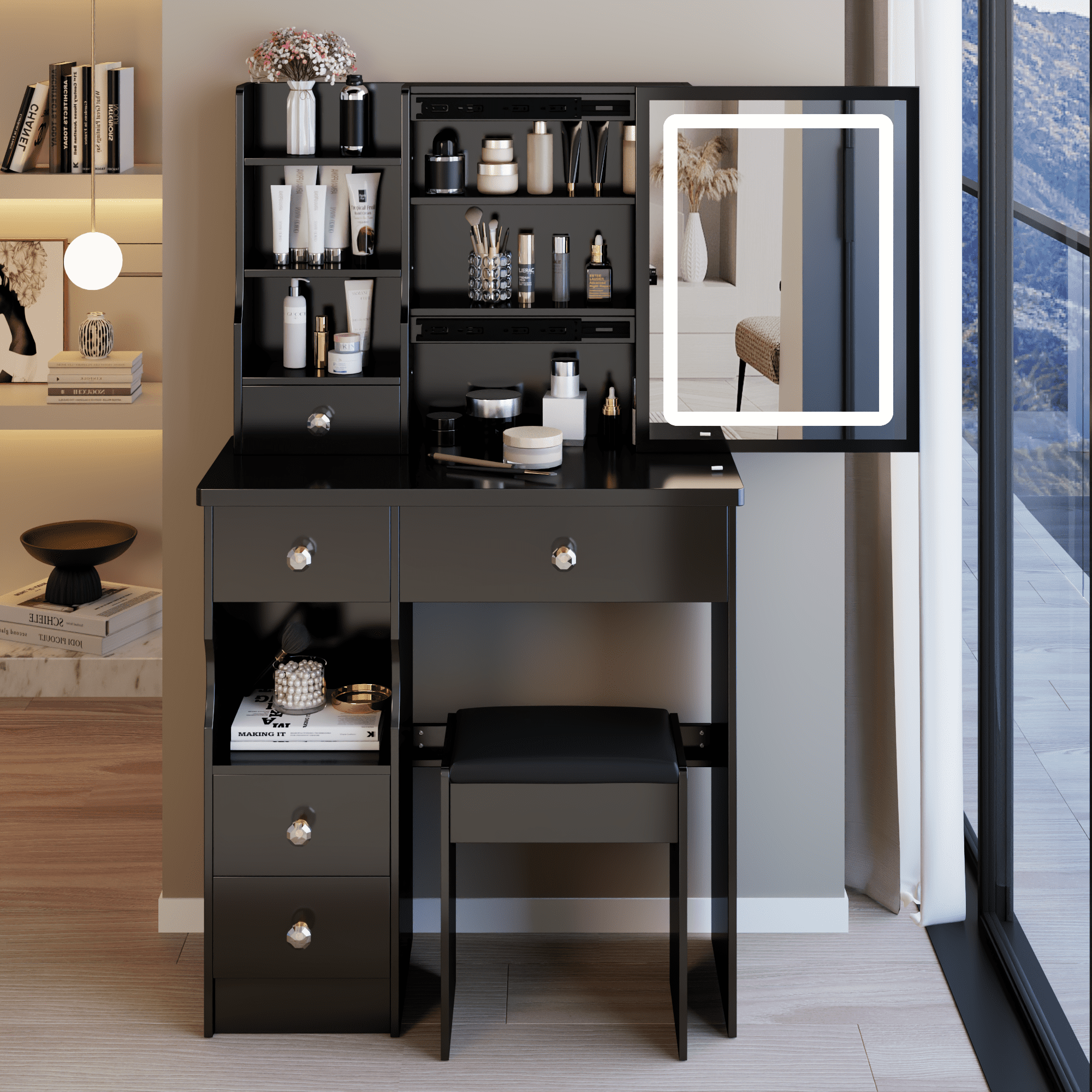 29.2" Small Size Left Drawer Desktop Vanity Table + Cushioned Stool, Large Sliding, Touch Control, Tri-color Switching, Brightness Adjust LED Mirror, High Capacity Storage, Suitable for Small Space