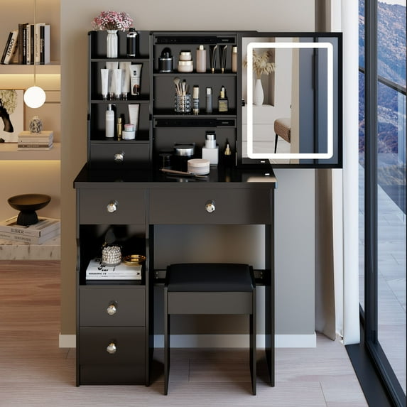 29.2" Small Size Left Drawer Desktop Vanity Table + Cushioned Stool, Touch Control, Tri-color Switching, Brightness Adjust LED Mirror, High Capacity Storage,Black