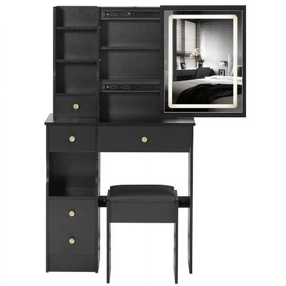 29.2" Small Size Vanity Table with Stool & LED Mirror, Touch Control 3-Color Lights, Brightness Adjustable, Left Drawer Storage, Compact Makeup Desk, Black