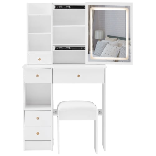 29.2" Small Size Vanity Table with Stool & LED Mirror, Touch Control 3-Color Lights, Brightness Adjustable, Left Drawer Storage, Compact Makeup Desk, White