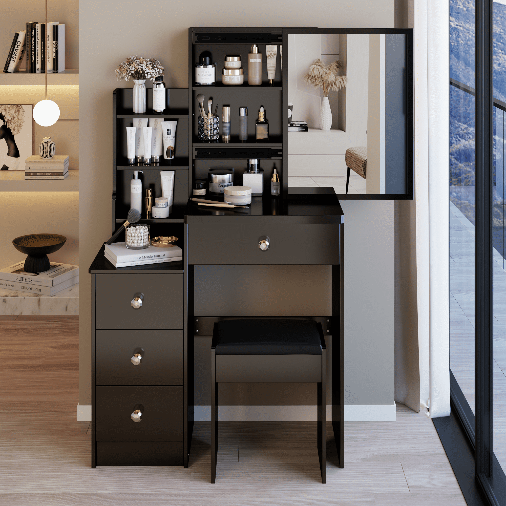 29.2" Small Space Left Bedside Cabinet Vanity Table + Cushioned Stool, Extra Large Right sliding mirror, Multi Layer High Capacity Storage, Practical Fashionable Dresser, Suitable For Small Space