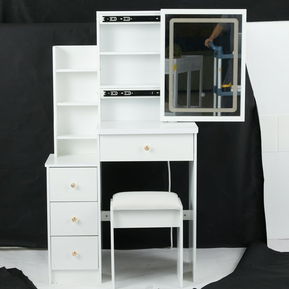 Small Size Left Bedside Cabinet Vanity Table + Cushioned Stool, Touch Control Sliding LED Mirror, Tri-color Switching, Brightness Adjust, Multi Layer, Suitable for Small Space, EPA,GCC,UL Certificate