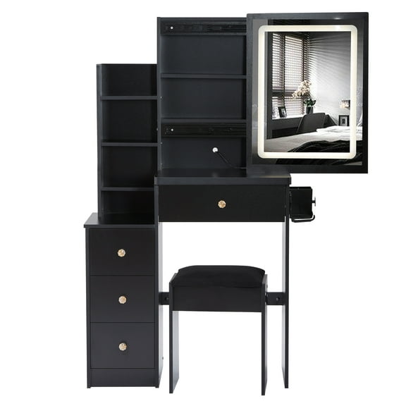 29.2" Small Vanity Desk with Left Cabinet, Cushioned Stool, Right Sliding Mirror, Multi-Layer Storage, Compact Bedroom Dresser