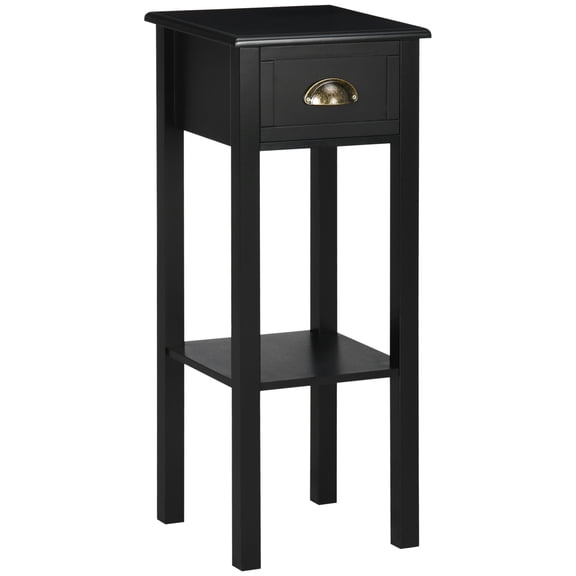 29 2-Tier Side Table with Drawer Shelf, Narrow End Table for Small Living Room, Black MDF
