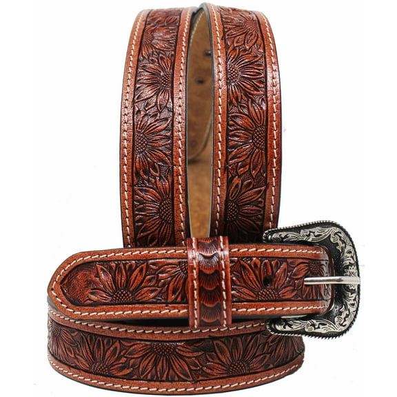 29-30 Kids 1-1/4" Wide Tan Leather Floral Tooled Casual Jean Belt 26FK39C