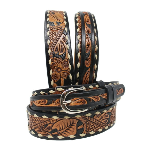 29-30 Men's 1-1/2" Wide Tan Leather Floral Tooled Casual Jean Belt 26FK16