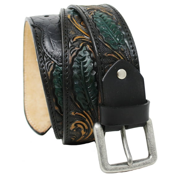 29-30  Unisex 1-1/2" Wide Brown Floral Tooled Leather Casual Jean Belt 26BT401
