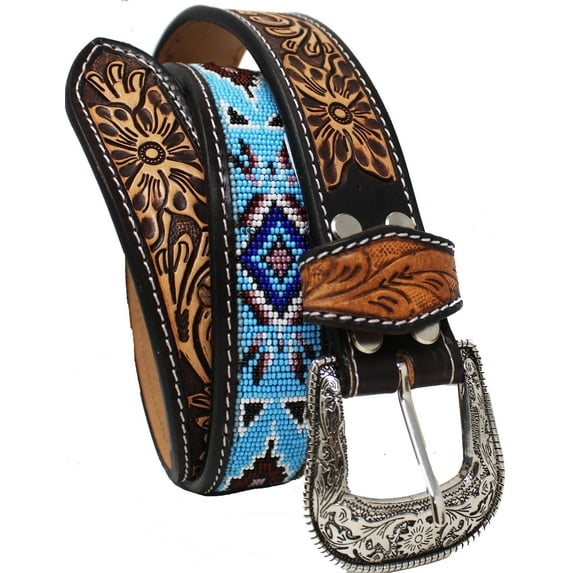 29-30 Unisex 1.5" Western Floral Tooled Beaded Full-Grain Leather Belt 26RT24B