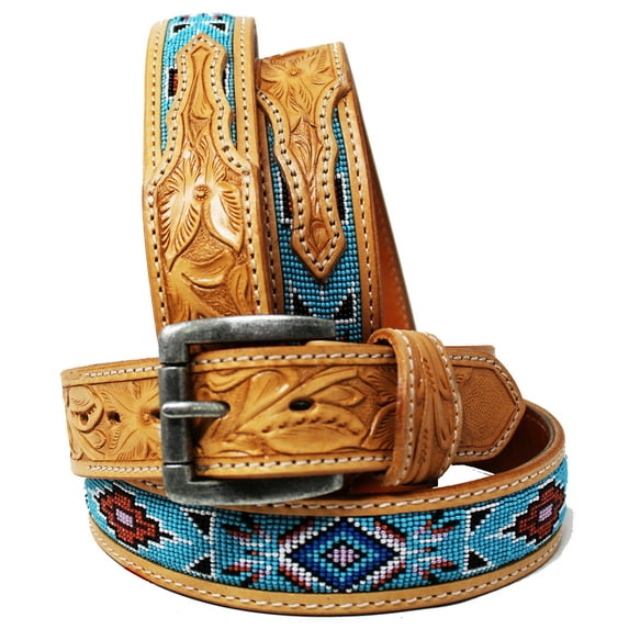 29-30 Unisex 1.5" Western Floral Tooled Beaded Full-Grain Leather Belt 26RT24