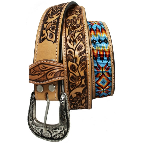 29-30 Unisex 1.5" Western Floral Tooled Beaded Full-Grain Leather Belt 26RT29B