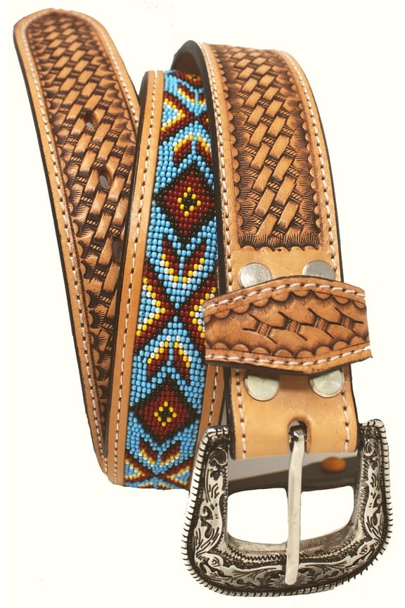29-30  Unisex 1.5" Western Floral Tooled Beaded Full-Grain Leather Belt 26RT31B
