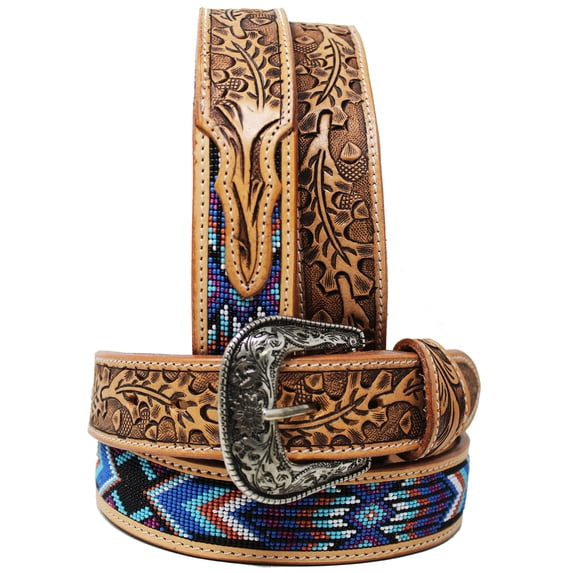 29-30 Unisex 1.5" Western Floral Tooled Beaded Full-Grain Leather Belt 26RT53B