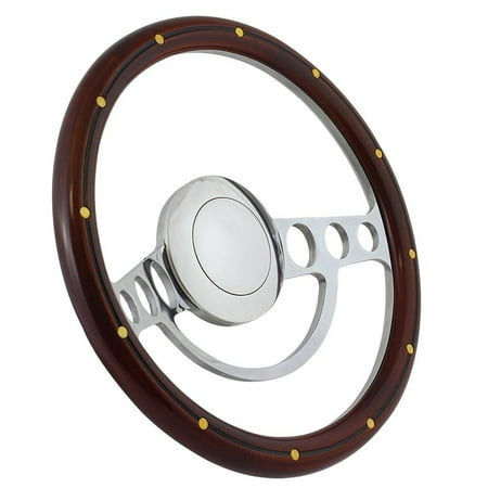 29-32 Ford - Most Models 14 Inch Polished (9 Hole) Classic Steering Wheel Mahogany Wood with Brass Rivets Half Wrap