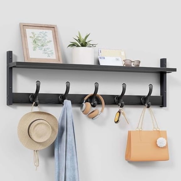 29" Rustic Coat Rack Wall Mount with Shelf, Entryway Wall Hooks with Shelf, Coat Hangers for Bathroom, Living Room, Bedroom, Black