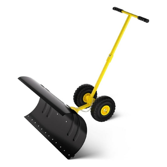 29/36 Inch Heavy-Duty Steel Snow Pusher with Wheels, 7-Position Adjustable Blade & 5 Level Adjustable Height Handle, Back-Saving Driveway Snow Plow for Efficient Removal