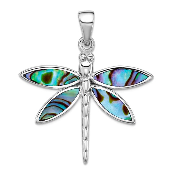 29.3mm 925 Sterling Silver Rhodium Plated Polished Abalone Dragonfly Pendant Necklace Pendant for Women