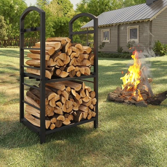 29.45" Indoor & Outdoor Firewood Rack, Heavy Duty Metal Fireplace Log Storage Holder with Kindling Hooks, 165 Lbs Capacity for Fireplace Fire Pit Patio Indoor Outdoor