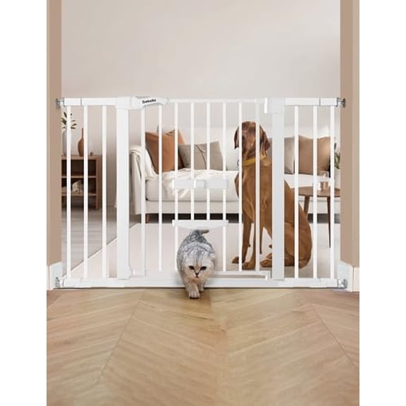 29-48" Extra Wide  Gate with  Door, Close  Pet Door for Stairs, Doorways, House, /Hardware Mounted, Easy Walk Thru, White