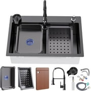 29.5 * 17.7 inch Kitchen Sink, Single Bowl Stainless Steel Sink Multifunctional Drop In Sink with Pull-Down Faucet and Multiple Accessories (black grey, 29.5 * 17.7 inch)