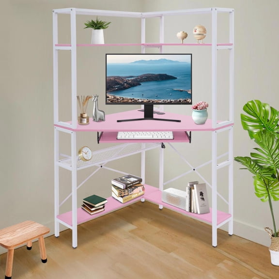 29.5*29.5*60 Modern Free Standing Triangular Pink Corner Computer Desk with Power Outlets for Offices