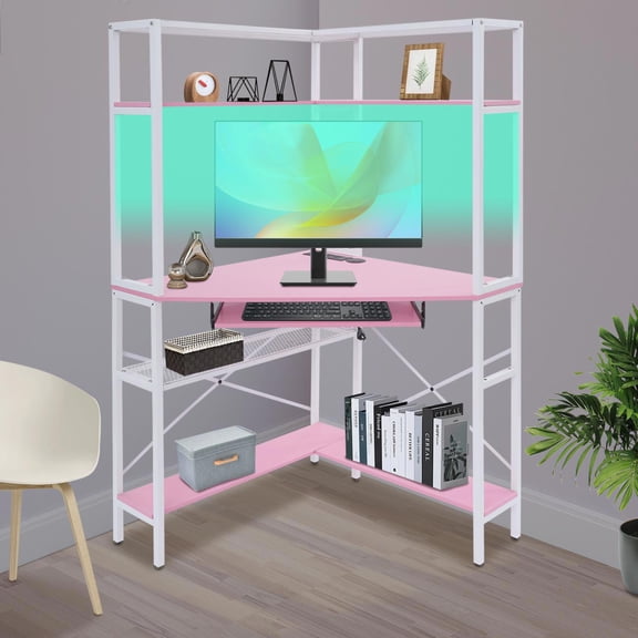 29.5*29.5*60 Modern Free Standing Triangular Pink Corner Computer Desk with Power Outlets for Offices