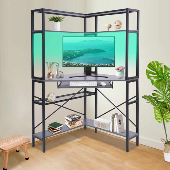 29.5*29.5*60in Modern Free Standing Triangular Gray Corner Computer Desk with Power Outlets